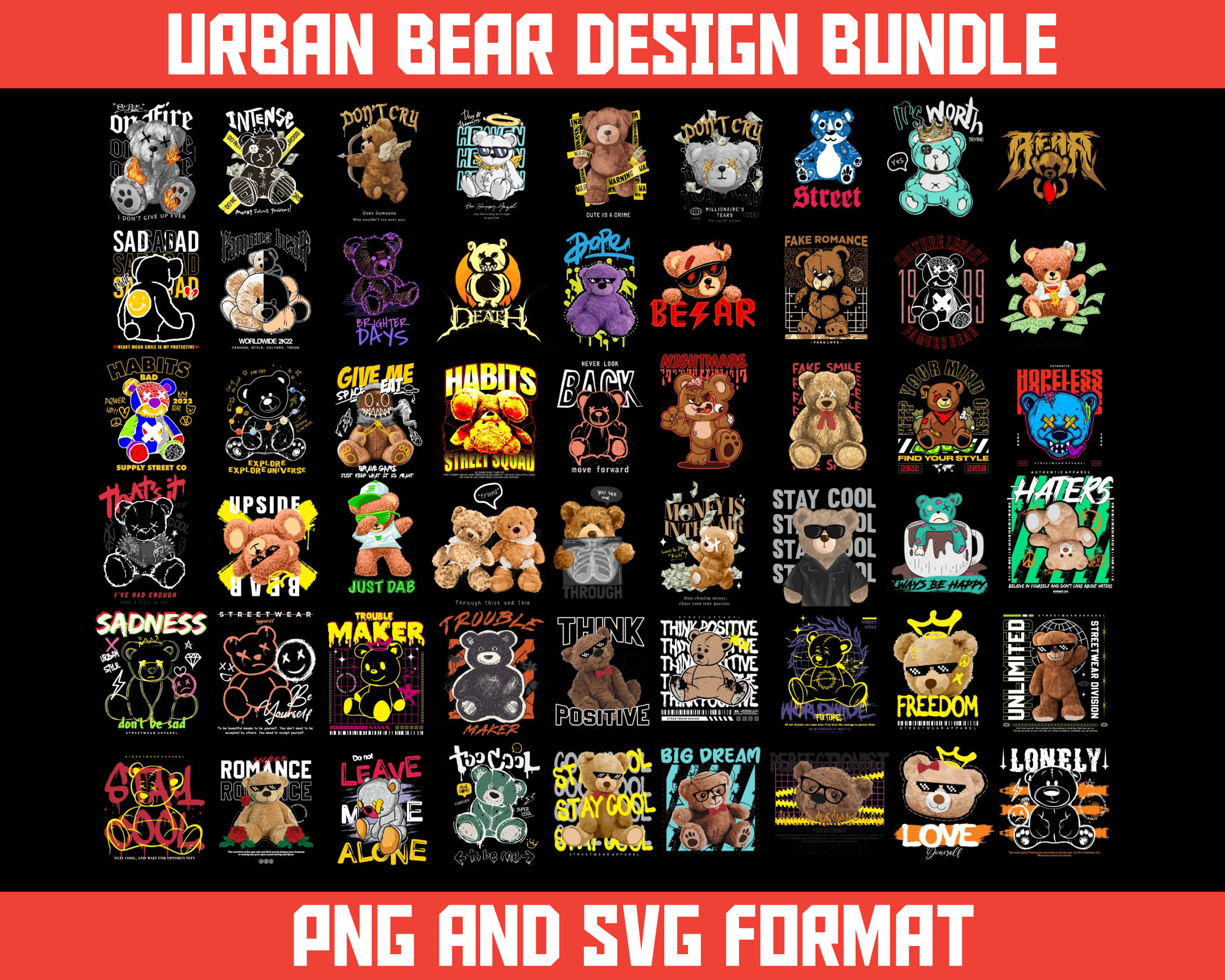 121 T-shirt Designs Bundle, Bear Streetwear Designs Bundle 121 T-shirt Designs Bundle, Bear Streetwear Designs Bundle