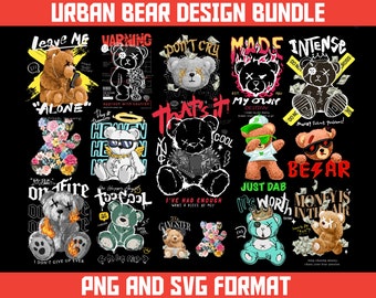 May include: A set of 12 digital graphic designs featuring cartoon bears in various poses and settings. The designs include phrases like "Leave Me Alone", "Warning", "Don't Cry", "Made", "Intense", "That's It", "My Own Destiny", "Just Dab", "It's Worth", "Money is in the Air", and "Besar". The designs are in a bold, graphic style and are perfect for use on t-shirts, mugs, phone cases, and other merchandise.