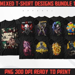 Paquete de diseños de camisetas mixtas 1 / Paquete de diseños de anime / Diseños de ropa de calle / Diseños de camisetas Paquete PNG / Diseños de superhéroes / DTF / DTG