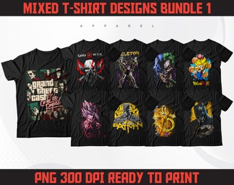May include: A bundle of 10 t-shirt designs featuring various characters and logos, including "God of War", "Joker", "Batman", "Goku", and "Money Heist". The designs are printed on black t-shirts and are ready to print.
