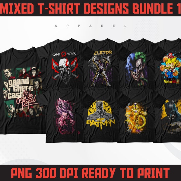 Mixed T-Shirt Designs Bundle 1 | Anime Designs Bundle | Streetwear Designs | T-Shirt Designs PNG Bundle | Super Hero Designs | DTF | DTG