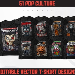 Paquete de diseños de camisetas de cultura pop / Diseño de dibujos animados / Diseño de superhéroes / Diseño de ropa urbana / Diseño de Halloween / Diseño DTF / Diseño DTG