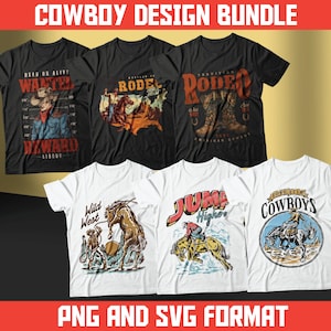 May include: A set of five t-shirt designs featuring cowboy-themed illustrations. The designs include a wanted poster, a rodeo scene, a cowboy riding a bucking bronco, a cowboy riding a horse, and a cowboy riding a horse with the text "Long Live Cowboys".