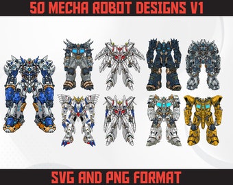 Mecha Robot Designs Bundle | Anime Streetwear, 50 PNG SVG Files (Digital Download)
