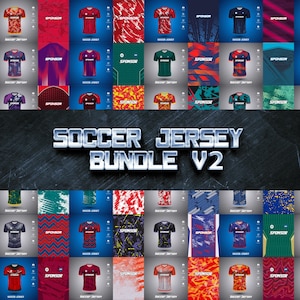 May include: A collection of soccer jerseys with various designs and colors, including red, blue, green, and black. The image features the text "SOCCER JERSEY BUNDLE V2" in a metallic font. Each jersey has a sponsor logo.