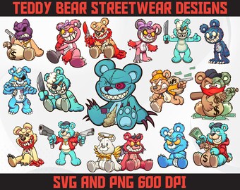 May include: A set of 16 digital illustrations of teddy bears in various poses and outfits. The bears are depicted as tough and rebellious, with some holding weapons, money, and other accessories. The illustrations are in a cartoon style and are perfect for use in streetwear designs.