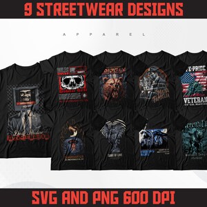Urban Streetwear T-Shirt Designs Bundle | 9 PNG SVG Graphics (Digital Download)