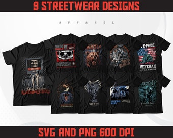 Paket med urbana streetwear-t-shirtdesigner | 9 PNG SVG-grafik (digital nedladdning)