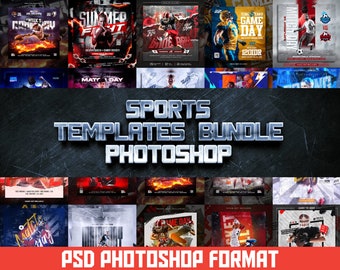 May include: A collection of 12 sports themed Photoshop templates in a bundle. The templates feature various sports including baseball, basketball, football, and soccer. The templates are in PSD format and are ready to be customized.
