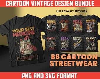 86 Cartoon Vintage T-Shirt Designs, Streetwear Bundle (SVG & PNG)