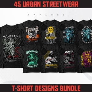 45 Urban Streetwear T-Shirt Designs Bundle | Brutalism Streetwear T-Shirt Designs | Streetwear SVG | Streetwear Clothing Designs | DTF | DTG