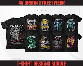 45 Urban Streetwear T-Shirt Designs Bundle | Brutalism Streetwear T-Shirt Designs | Streetwear SVG | Streetwear Clothing Designs | DTF | DTG