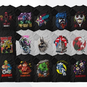 May include: A collection of 15 t-shirts with various graphic designs. The designs include characters from popular video games, anime, and movies. The t-shirts are black and grey with a variety of colors in the designs.