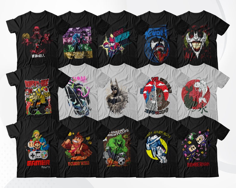 May include: A collection of 15 t-shirts with various graphic designs. The designs include characters from popular video games, anime, and movies. The t-shirts are black and grey with a variety of colors in the designs.
