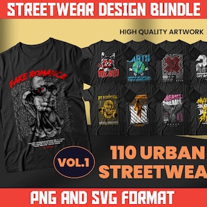 110 urban streetwear-T-shirtontwerpen | Retro png-SVG-bundel