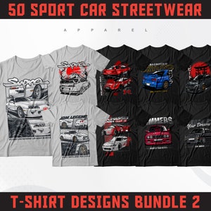Puede incluir: Un conjunto de 10 diseños de camisetas con ilustraciones de varios coches deportivos. Los diseños incluyen un coche rojo y blanco con la palabra "Supra" en él, un coche azul con la palabra "Skyline" en él y un coche negro con la palabra "JDM Legend" en él. Los diseños están todos en un estilo blanco y negro con un esquema de color rojo, blanco y azul.