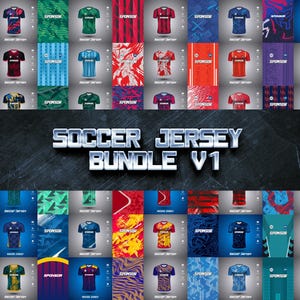 Könnte beinhalten: Eine Sammlung von Fußballtrikots in verschiedenen Farben und Designs, darunter Rot, Blau, Grün und Lila. Die Trikots zeigen Sponsorenlogos und abstrakte Muster. Der Text "SOCCER JERSEY BUNDLE V1" ist deutlich sichtbar.
