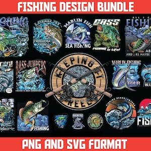 May include: A collection of 12 colorful fishing-themed designs featuring various fish, fishing rods, and text. The designs are perfect for creating t-shirts, mugs, and other merchandise. The text includes phrases like "Gone Fishin!" and "Keeping it Reel".