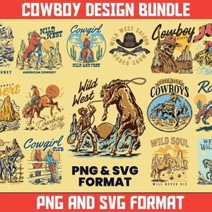 May include: A collection of 12 vintage-style cowboy themed illustrations. The illustrations feature cowboys, horses, cacti, and other western imagery. The illustrations are in a variety of colours, including red, blue, yellow, and green. The illustrations are perfect for use on t-shirts, mugs, posters, and other merchandise.