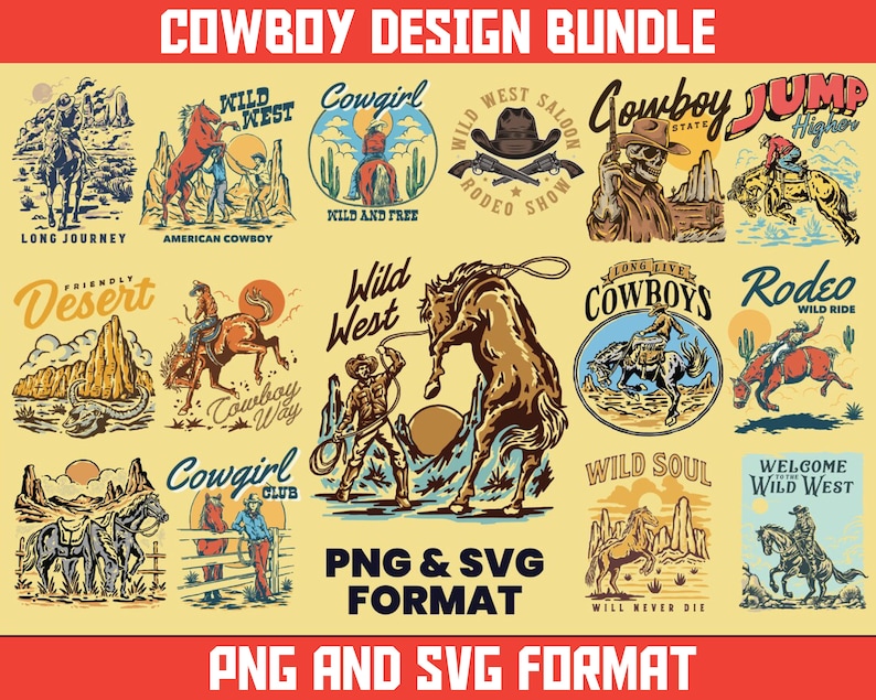 May include: A collection of 12 vintage-style cowboy themed illustrations. The illustrations feature cowboys, horses, cacti, and other western imagery. The illustrations are in a variety of colours, including red, blue, yellow, and green. The illustrations are perfect for use on t-shirts, mugs, posters, and other merchandise.