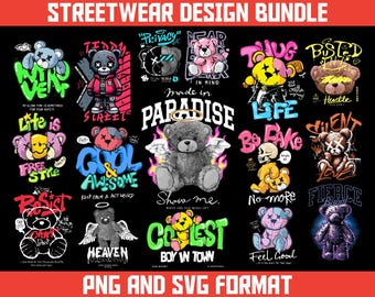 Bundel shirtontwerp Urban Bear | Streetwearontwerp voor beer | Streetwearontwerp | Teddybeerontwerp | Urban-shirt | Hiphop-T-shirt | DTF | DTG