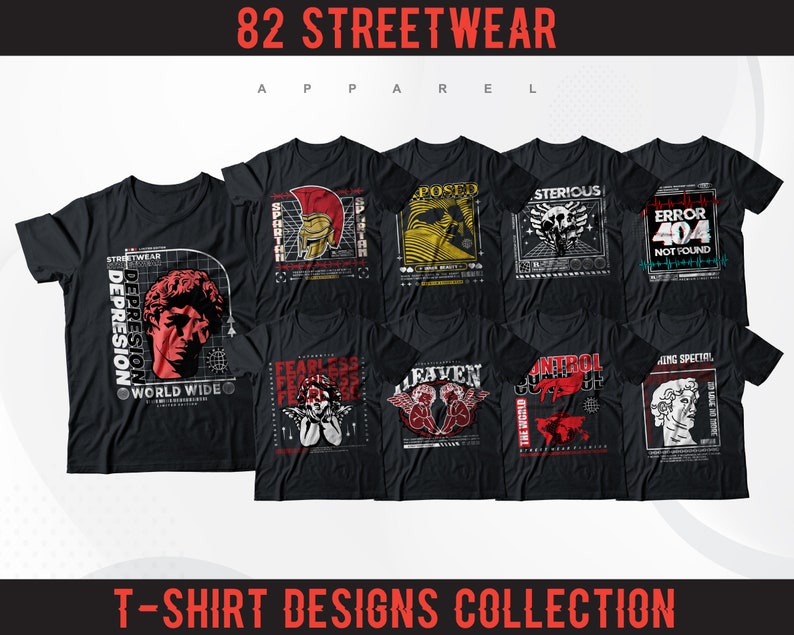 Streetwear T-Shirt Designs Bundle Aesthetic Streetwear Designs Urban Streetwear Designs Vintage Designs Illustration Designs zdjęcie 1