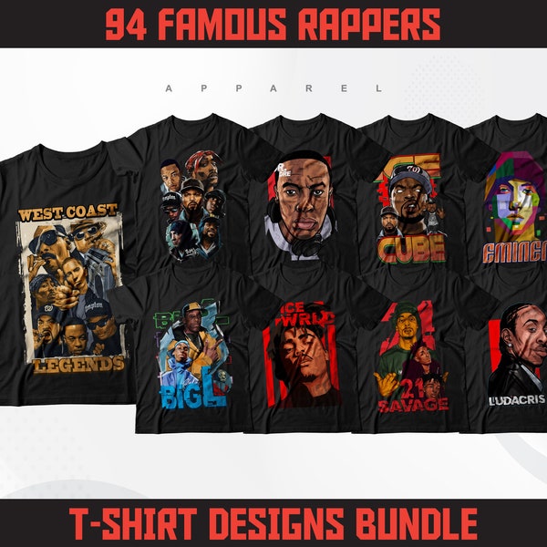 94 disegni di magliette di rapper famosi / Design di magliette di artisti hip-hop / Design di streetwear / Design di sublimazione / Stampa serigrafica / File digitali