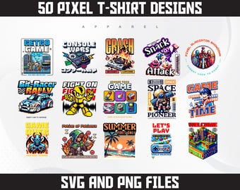 50 ontwerpen voor pixelgamer-T-shirts | PNG SVG (digitale download)