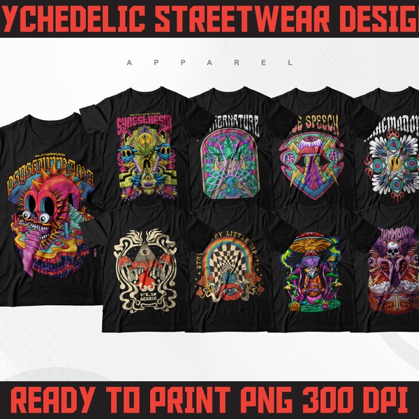 Psychedelic Streetwear Designs | T-Shirt Designs Bundle | Streetwear Designs | Aesthetic Design | Shirt Designs | Graphics Shirt | DTF | DTG