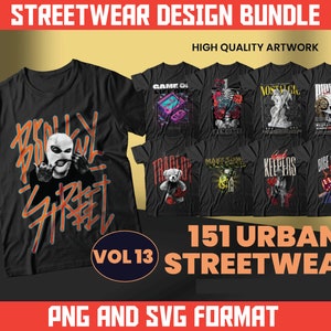 Bundel met Urban Streetwear-T-shirtontwerpen | 151 png-svg-vectoren (digitale download)
