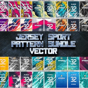 May include: A selection of sports jersey patterns in diverse colours and designs. Each jersey design features the number 32, the word "PLAYER", and the word "SPONSOR". The text "JERSEY SPORT PATTERN BUNDLE VECTOR" is displayed.