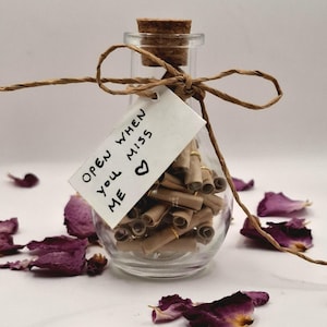 Könnte beinhalten: Eine klare Glasflasche mit Korken, gefüllt mit aufgerollten Papierrollen. Ein Anhänger mit der Aufschrift "Open When You Miss Me" mit einem Herzsymbol ist mit Bindfaden befestigt. Getrocknete Rosenblätter sind um die Flasche verstreut.