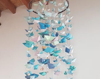 Giant Origami Boat Mobile, Wedding and Christening Decor, Handmade Paper Hanging Light shade, Nautical Baby Nursery Home Decor