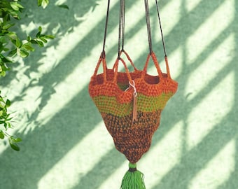 Crochet Plant Hanger, Hanging Basket: Handmade Boho Rustic Indoor Garden Decor, Homeware Basket for Plants