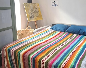 Colorful Crochet Blanket, Handmade Rainbow Bedspread, Boho Bedroom Decor, Cozy Granny Stripe Afghan, Unique Artisan Home Decor Gift