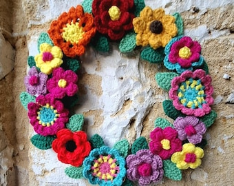 Crochet Floral Wreath on Wooden base, Colorful Handmade Flower Wreath, Boho Spring Wall Decor, Homeware Cottagecore gift