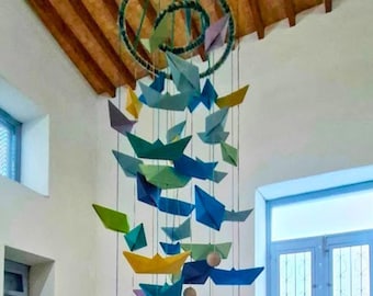 Nautical Baby Mobile, Origami Paper Boat Nursery Decor, Handmade Hanging Mobile for Crib, Christening Gift, Baby Shower Gift