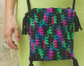 Crochet Messenger bag, small unisex black crossbody bag, Artistic boho style accessory
