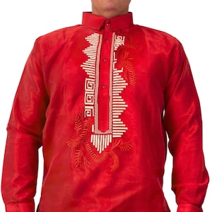 Red Long Sleeve Organza Barong Tagalog - ORDER US SIZE