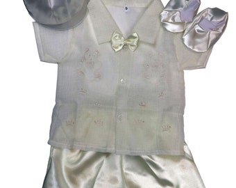 Infant Christening Baptismal Outfit White Short Sleeve Organza Barong Tagalog