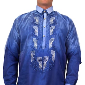 Blue Long Sleeve Organza Barong Tagalog ORDER US SIZE