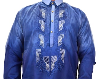 Blue Long Sleeve Organza Barong Tagalog ORDER US SIZE