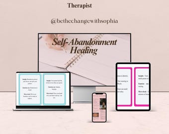 May include: A digital display with the text "Self-Abandonment Healing" is surrounded by a laptop, tablet, and smartphone. The laptop and tablet display text in a teal and pink color scheme. The smartphone displays a webpage.