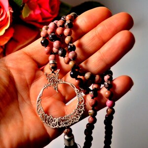 Crescent Muslim Rosary, Ramadan Gift to Her, Arabic calligraphy Silver quartz Pray beads Rosary, Celebration holiday Spiritual praying beads