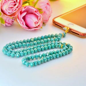 Mint Blue 99 Bead Tasbeeh Phone Holder, eid al-adha Gift to Muslim Woman, Pray Bead Necklace, Islam phone Carry Accessory, Muslim Mala Worry