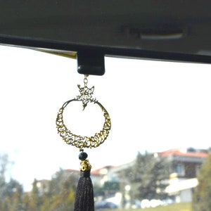 CRESCENT CAR Mirror HANGER, Religious gift to Muslim, New Moon Star Mirror Charm Dangler, Turkish Flag Auto Ornament, Islamic Art Decoration