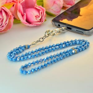 Islamic Baby Blue Mobile Phone Holder, Gift to New Muslim, Blue Pray Bead Necklace, Handmade Long Masbaha, Religious Iphone Carry Hanger