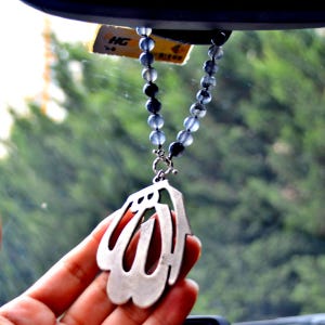 Muslim Holiday Gift For Friend, Allah Name Calligraphy GREY Quartz Dhikr Beads Rosary, Muslim God Car Rear Mirror HANGER, Gray Short Tasbeh