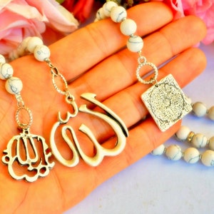 Islamic Auto Decoration, Eid gift to Muslim Boy, Handcrafted White Grey Quartz Bead Muslim Charm Car Rear Mirror Hanger 33 Bead Short Rosary