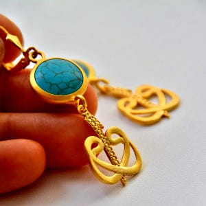 Sufi Golden EARRINGS Gift, Vaw Spiritual Rumi Arabic Waw Alif Calligraphy Capital Golden Dangle, Blue Turquoise Vav Letter Elif Wav  Jewelry